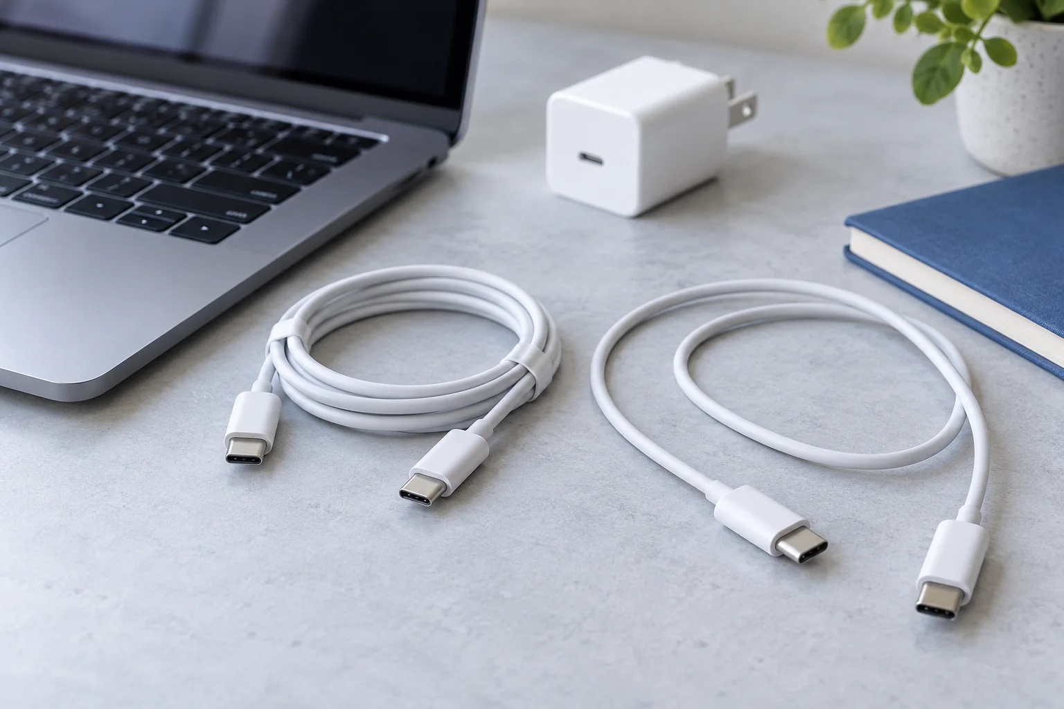 ノートPCのそばに置いた2本のUSB-Cケーブル