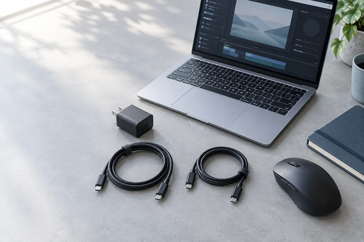ノートPC、充電器、ケーブル、マウスを並べた明るいデスク