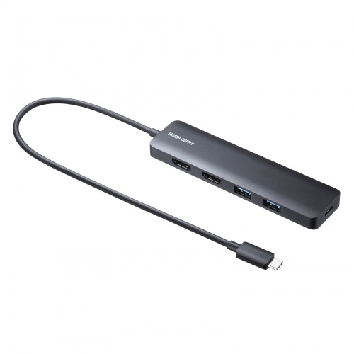 USB-5TCHHPS22BK。接続ケーブルが一体になった黒いハブ